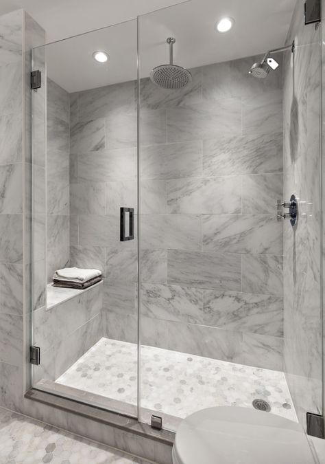 Grey and white marble shower surround, hexagonal tile floor Gray Bathroom Ideas, Contemporary Penthouse, Gray Shower Tile, White Subway Tile Bathroom, Grey Bathrooms Designs, White Bathroom Tiles, Gray Bathroom, Grey Bathroom, Bad Inspiration