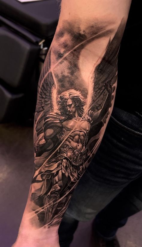 Saint Michael Chest Tattoo, St Michael Shoulder Tattoo, Arch Angel Gabriel Tattoos, At Michael The Archangel, At Michael Tattoo, Arhangel Mihail Tattoo, Religous Tattoo Arm Sleeve, Saint Tattoos For Men, God Forearm Tattoo