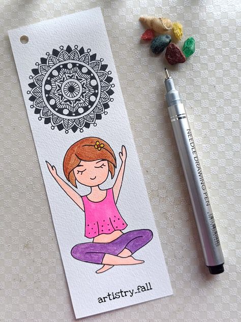 When I made this bookmark, I was daily doing yoga practice at home and got inspired by this picture. Then I decided to make such a bookmark for yoga freaks. Yoga Bookmarks, Madhubani Bookmarks, Bollywood Character, Cute Mandala, Mandala Bookmark, Bookmark Diy, Bookmarks Diy, Handmade Bookmarks Diy, Mini Mandala