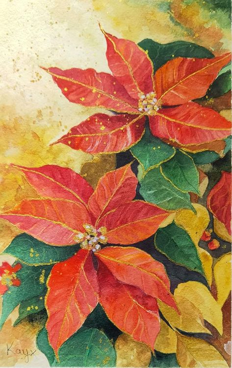 Pointsettia Paintings, Poinsettia Illustration, Christmas Artist, Colored Pencil Art, Holiday Art Projects, Bookmark Design, 2014 Christmas, Watercolor Paintings For Beginners, Christmas Card Art