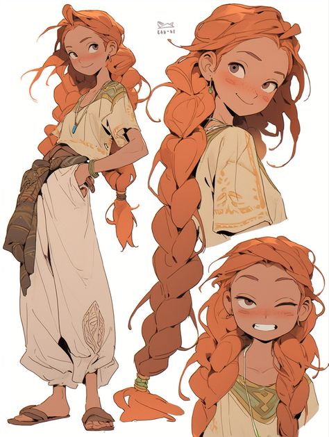 Braided Character Design, Wild Hair Character Design, Woodland Character Design, Innocent Character Design, Ginger Hair Character Design, Sand Character Design, Curly Hair Character Art, Child Reference Poses, Character Design Hairstyles