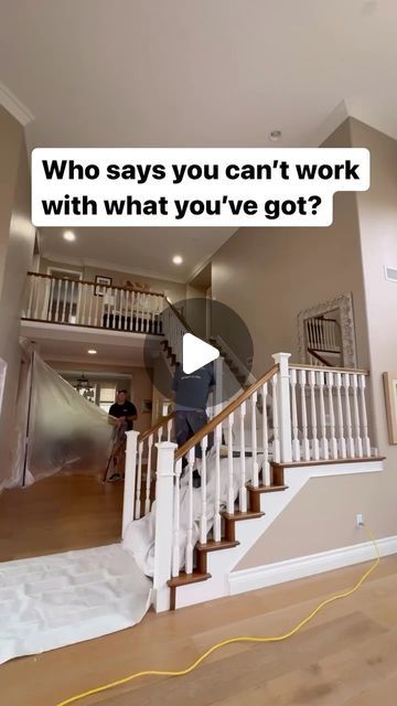 BuildersRx on Instagram: "Who says you can’t work with what you’ve got?
-
@straight_up_stairs kept everything in place giving the newel posts a little face lift and a filler strip in the hand rail to accept new iron balusters. They preserved the carpet as it was pretty new and expensive af. They stripped the handrail down and our finishers worked their magic! The homeowners were absolutely ecstatic! That’s always the goal right!? 😉😆✊🏼
-
What are your thoughts on these balusters (spindles)? 
-
Featured Follower: @straight_up_stairs 

#stairs #refinish #carpentry #demo #staircase" Staircase With Iron Balusters, Before And After Stair Railing, Diy Stairs Makeover Railings, Staircase Banister Makeover, Carpet Stairs With Iron Spindles, Couch Against Staircase, Dark Railing Staircase, Update Railing Stairways, Updating Staircase Railing Wood