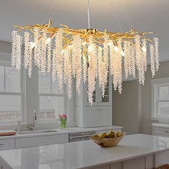 Upfelw Modern Crystal Tree Branch Chandelier, Large Gold Linear Raindrop Indoor Hanging Pendant Light Fixture for Dining Room Kitchen Island Living Room Bedroom 13 Lights L42'' Tree Branch Chandelier, Kitchen Island Living Room, Island Living Room, Led Crystal Chandelier, Branch Chandelier, Crystal Chandelier Lighting, Dining Room Art, Vintage Pendant Lighting, Crystal Pendant Lighting