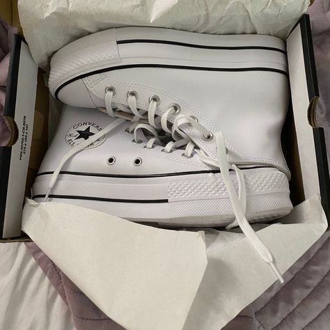 White Platform Converse Leather, White Leather Platform Converse Outfit, Platform Converse White Leather, White Leather Platform Converse, Hightop Platform Converse Outfit, Grade 7 Grad Dresses, Platform Leather Converse, Converse High Tops Platform, Leather Platform Converse