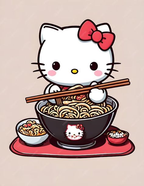 A drawing of a hello kitty eating noodles with a bow and a hello kitty on the side | Premium AI-generated image Hello Kitty Food Drawing, Hello Kitty Eating, Hello Kitty Sushi Aesthetic, Hello Kitty Baking Cartoon, Hello Kitty Eating Ramen, Hello Kitty Noodle Bowl, Eating Noodles, Spotify Premium, Kitty Items