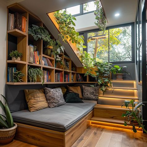 Ecosapiens | Nature’s Refuge: A Biophilic Reading Nook Under Your Stairs Find solace in a serene escape beneath your staircase. Embrace the calming… | Instagram Stair Nook, Home Library Rooms, Contemporary House Exterior, Gourmet Chef, Personalized Kitchen, Staircase Design, Home Library, House Flooring, Custom Kitchen