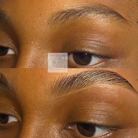 Eyebrows Getting Done, Perfect Eyebrows Black Women, Arched Brows Natural, Laminated Brows Makeup, Lamination Brows Before And After, Fluffy Brows Black Women, Brow Shaping And Tinting, Eyebrow Lamination Black Women, Natural Brows Shape