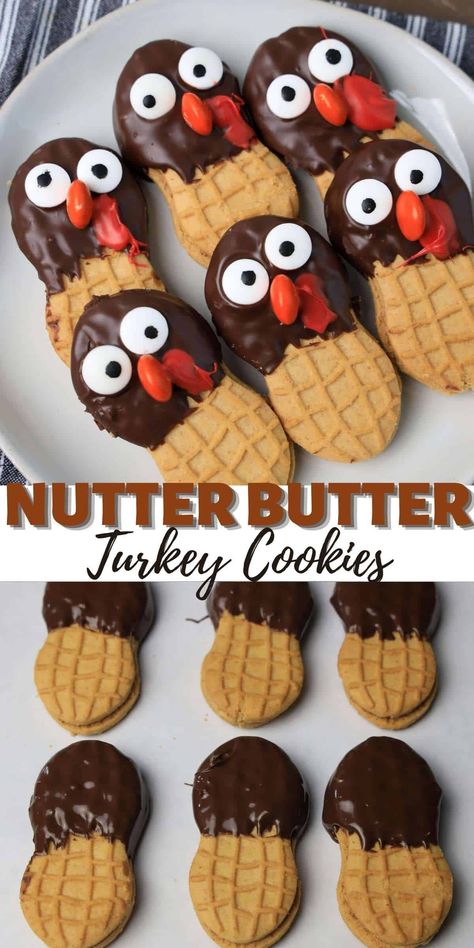 Nutter Butter cookies are a classic American cookie enjoyed by people of all ages. This recipe takes the deliciousness of Nutter Butter and turns it into a Thanksgiving turkey! Kids will love helping you make these adorable cookies, and they'll be excited to gobble them up during the holiday feast. When the dinner table is set with plenty of food and loved ones gather around, it's time to be thankful for what we have. Butter Butter Turkey Cookies, Nutter Butter Cookie Turkeys, Nutter Butter Thanksgiving Treats, Chocolate Covered Nutter Butter, Thanksgiving Nutter Butter Cookies, Easy Turkey Cookies For Kids, Turkey Nutter Butter Cookies, Santa Nutter Butter Cookies, Nutterbutter Turkey