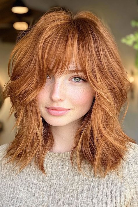 Fiery Red Medium-Length Shag, copper shag haircut with fringe Simple Shag Haircut, 80s Hairstyles Rock, Medium Long Shag, Shag Haircut Red Hair, Shag Hairstyles Medium Red Hair, Medium Length Haircut Shag, Medium Length Copper Hair, Shag Haircut With Fringe, Red Shag Haircut Medium