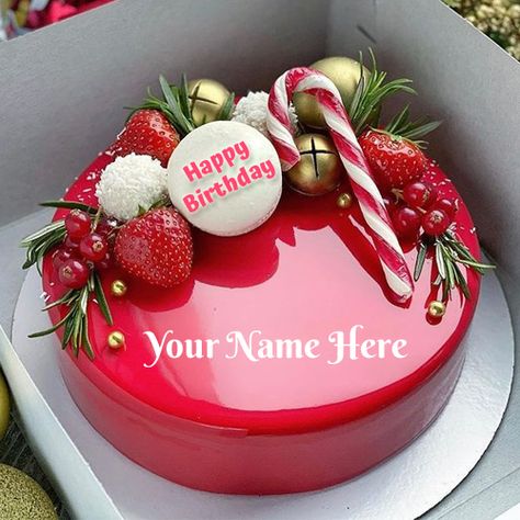 Write Name on Elegant Shining Red Birthday Cake.Print Name on Mirror Cake.Creative Cake With Name.Generate Name on Designer Cake For Birthday.Name Birthday Cake Super Torte, Red Birthday Cakes, Baking Photography, Christmas Themed Cake, Birthday Cake Writing, Decoration Patisserie, Christmas Cake Designs, New Year's Cake, Christmas Cake Decorations