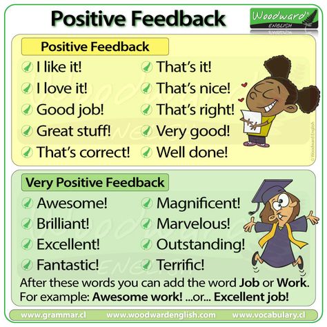 Positive Feedback Language in English  First we list examples of POSITIVE feedback with common expressions we use. Then we give expressions used to give VERY POSITIVE feedback when someone has done something very well.  Complete English lesson about Feedback Language on our website.  #Feedback #ClassroomLanguage #EnglishVocabulary #PositiveFeedback #Teacher Compliment Words, Woodward English, French Language Lessons, English Grammar Worksheets, Interesting English Words, English Fun, English Classroom, English Language Teaching, English Writing Skills