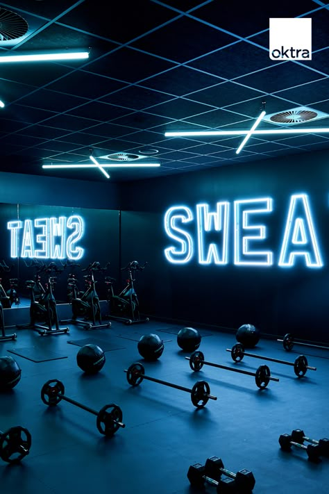 Don't sweat the small stuff! 💦 Gymshark's personalised gym in the best in Europe! Where style meets authenticity. #Gymshark #Sportswear #Fitness #Gymdesign Cycle Studio Design Ideas, Gym Facade, Small Gym Design, Warehouse Gym Design, Black Gym Interior, Spinning Studio, Gym Branding, Christian Gym, Don't Sweat The Small Stuff