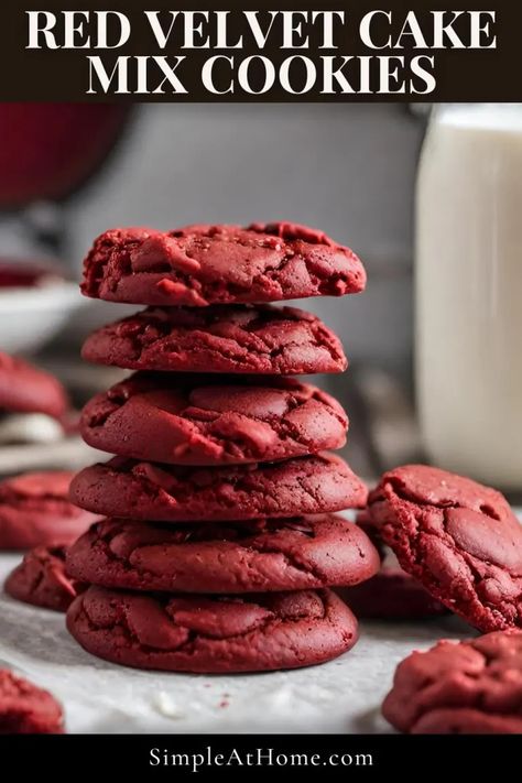 Red Velvet Cake Mix Cookies Recipe • Simple At Home Red Velvet Cake Cookies Easy, Red Velvet Box Mix Recipes, Chocolate Cookies Made From Cake Mix Boxes, Red Velvet Box Cake Recipes, Red Velvet Cookies Recipe Cake Mixes, Duncan Hines Red Velvet Cake Mix Recipes, Red Velvet Cake Mix Cookies Recipes, Red Velvet Cookies From Cake Mix And Cool Whip, Red Velvet Cookies From Cake Mix Easy