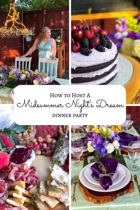 Looking for a magical summer party theme? Here's how to host A Midsummer NIght's Dream dinner party inspired by William Shakespeare's play! Recipes include a Love-in-Idleness elderflower cocktail, a Midsummer cheeseboard, Kissing Cherries Chicken, and Chocolate Lavender Dream Cake. #shakespeare #theatre #theatreparty #shakespeareparty #amidsummernightsdream Shakespeare Party Food, Midsummer Dream Party, Magic Dinner Party, Midsummer Nights Dream Party Food, Prom Dinner Menu Ideas, Magical Dinner Party, Shakespeare Themed Party Food, Shakespeare Birthday Party, Shakespeare Themed Party