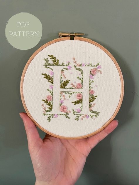 A pretty pdf embroidery pattern for the letter 'H'. A lovely gift for a baby's nursery or a child's bedroom.  Choose your own colour scheme and always feel welcome to message me for any tips. Letter C Embroidery Pattern, H Embroidery Letter, Initial Embroidery Letters, Letter H Embroidery, Baby Embroidery Ideas, Everyday Embroidery, Embroidery Baby Gifts, Monogram Embroidery Letters, Embroidery Nursery