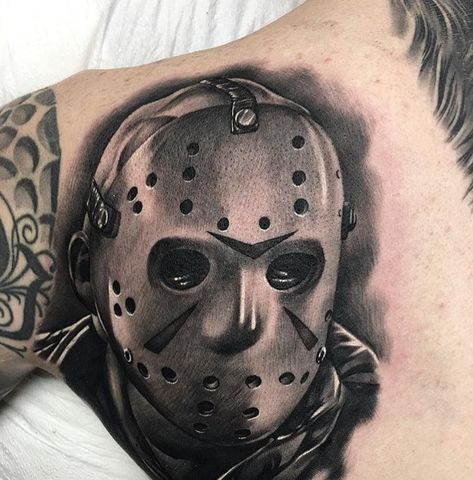 Jason Mask Tattoo Design, Jason Tattoo Design, Jason Tattoo Friday The 13th, Jason Voorhees Tattoo Designs, Jason Vorhees Tattoo, Jason Mask Tattoo, Jason Voorhees Tattoo, Scarecrow Tattoo, Jason Tattoo