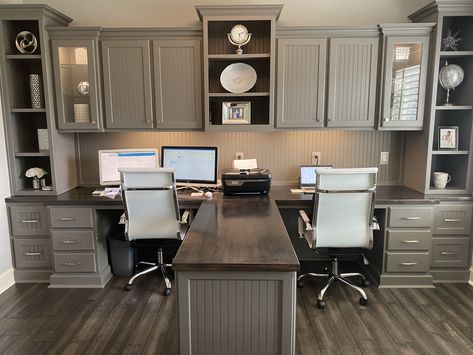 Standing Desk With Built Ins, His Her Office Space, Office Ideas For 2 People, Shared Home Office Space, 12x12 Office Layout, Husband And Wife Office Space Home, Two Desks In One Office, Home Office Built Ins With Desk For Two, Office Remodel Home