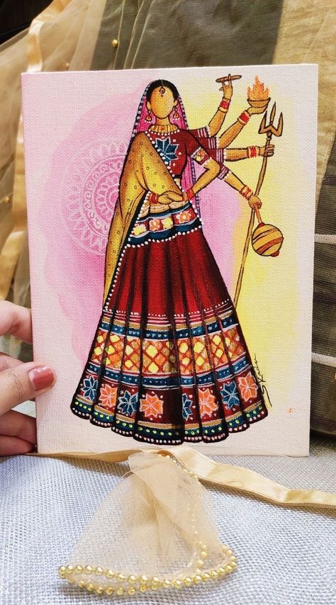 Madhubani Art Aesthetic, Navratri Drawing Painting, Navratri Canvas Painting, Navratri Special Painting, Maa Durga Canvas Painting, Drawing For Navratri, Navratri Art And Craft, Indian Aesthetic Painting, Abstract Painting Of God