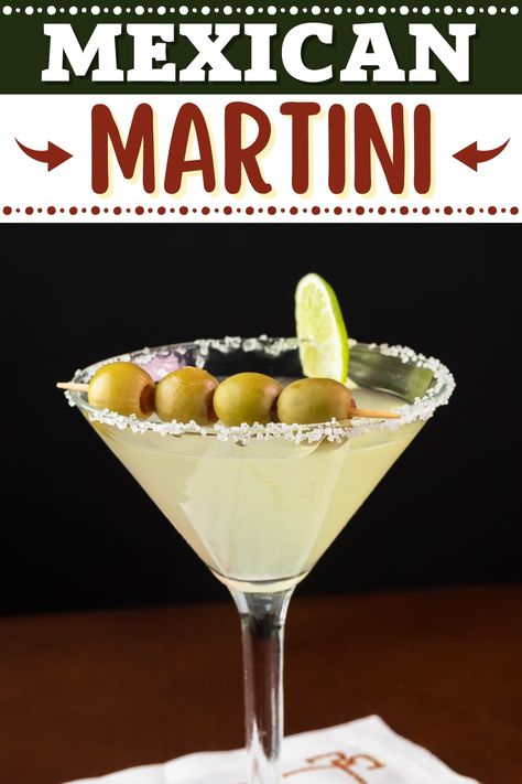 Jazz up Happy Hour with this tempting Mexican martini! It combines tequila, Cointreau, lime juice, orange juice, and olive brine. You'll love it! Mexican Martini Recipe, Sweet Martini, Olive Brine, Margarita Salt, Martinis Drinks, Martini Olive, Martini Olives, Olive Juice, Martini Recipe