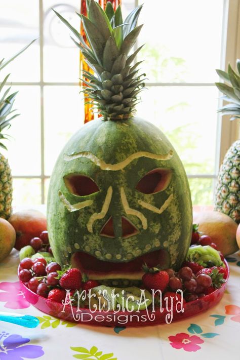 {Artistic Anya Designs} Hawaiian Luau Party - Carved Watermelon Tiki Mask Survivor Birthday Party, Tropisk Fest, Survivor Theme, Carved Watermelon, Luau Party Food, Luau Food, Hawaiian Party Theme, Aloha Party, Hawaiian Party Decorations