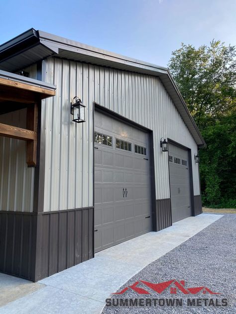 Farmhouse Metal Shop, Steel Buildings Shop, Barn House Exterior Colors, Metal Building Garage Shops, Manufactured Home Siding Ideas, Two Tone Metal Building, Metal Buildings Shop, Metal Building Colors Schemes Modern, Pole Barn Exterior Ideas