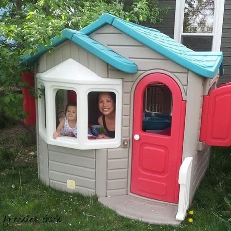 Plastic Playhouse, Playhouse Makeover, Woodland Cottage, Fun Walk, Suburban House, Brown Walls, Flipping Houses, Red Door, Pretty Green