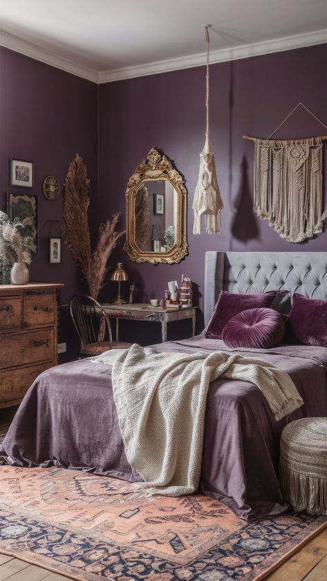 Modern Purple Boho Bedroom Ideas: Statement Walls and Art Grey And Dark Purple Bedroom, Smokey Purple Bedroom, Rust And Purple Bedroom, Victorian Purple Bedroom, Purple And Orange Boho Bedroom, Purple Bedroom Palette, Colorful Boho Bedroom Jewel Tones, Light Purple Walls Bedroom Ideas, Purple And Tan Bedroom