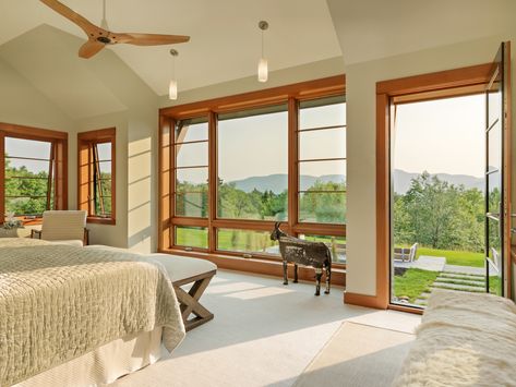 This airy master bedroom was designed with the goal to directly connect the bedroom to the outdoors and the views. The wood trimming accents the windows and frames the view with a natural element. Futuristic Window, Window Design Modern, Home Window Design, Grills Design, Window Grills, Home Window Grill Design, House Window Design, Western Rooms, Modern Renovation