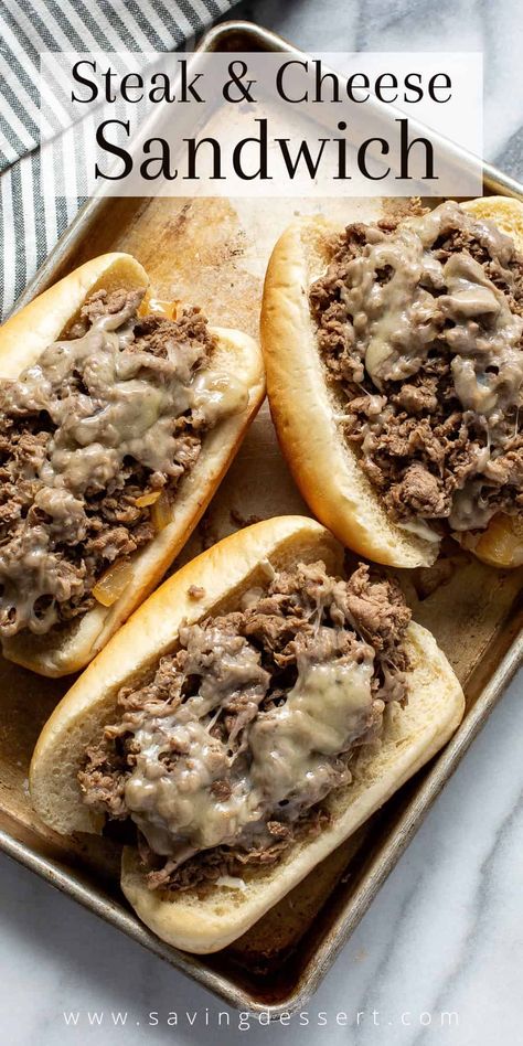 Make a copycat Philly Cheesesteak at home with our easy Steak Sandwich Recipe loaded with gooey cheese and caramelized onions. #phillycheesesteak #steaksandwich #cheesesteak #easycheesesteak #steaksandwichrecipe Italian Cheesesteak Sandwich, Homemade Cheesesteak, Philly Cheese Steak Sandwich Recipe, Steak And Cheese Sub, Steak Sandwich Recipe, Philly Cheese Steak Sandwich, Steak Sandwich Recipes, Cheesesteak Recipe, Chewy Bread