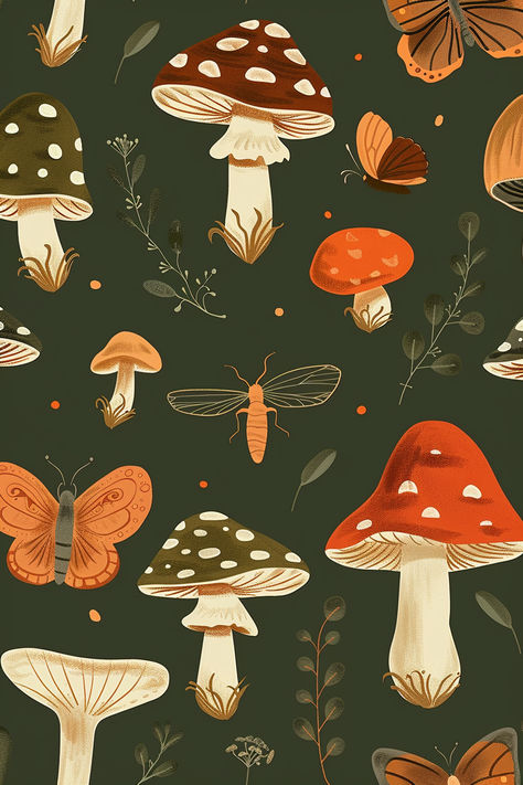 Wall Art Mushroom, Fall Mushrooms Wallpaper, Mushroom Ipad Wallpaper Aesthetic, Fall Cottagecore Aesthetic Wallpaper, Christmas Mushroom Wallpaper, Halloween Mushroom Wallpaper, Autumn Phone Wallpaper Cute, Mushroom Asthetic Wallpers, Cottage Core Fall Wallpaper