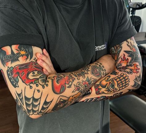 Tattoos All Over, Traditional Tattoo Forearm Sleeve, Black And White Traditional Tattoo Sleeve, Trad Wrist Tattoo, Full Traditional Sleeve, Men’s Traditional Arm Sleeve, Men Traditional Tattoo Ideas, American Traditional Leg Sleeve Men, Half Color Half Black Tattoo Sleeve