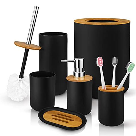 Black Bathroom Accessories Set, Vintage Bathroom Decor, Modern Bathroom Accessories, Black Bathroom Accessories, Toilet Brushes And Holders, Bathroom Storage Solutions, Decorative Soaps, Bathroom Trash Can, Bathroom Decor Sets