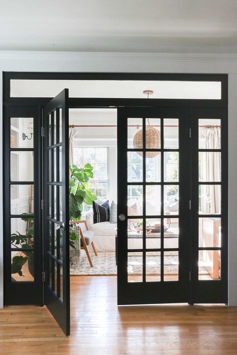 I Painted My French Doors Black + What TikTok Had To Say Black French Doors Interior, French Doors Black, Painted French Doors, Office French Doors, French Doors Living Room, Office With French Doors, Black French Doors, Home Office Doors, White French Doors