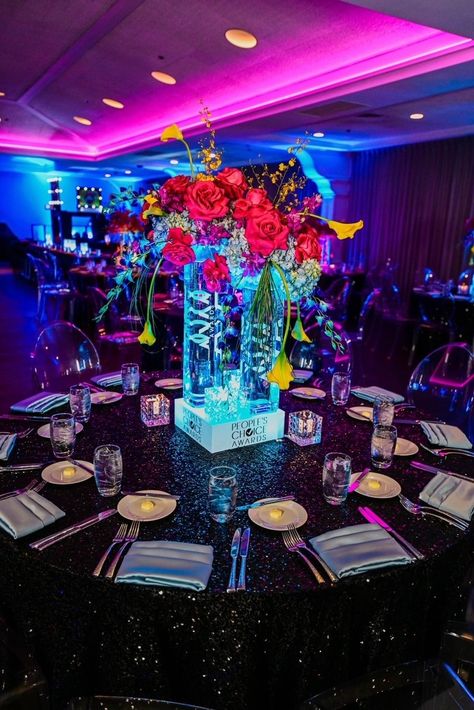 Awards-themed bat mitzvah in Chicago. #BatMitzvah #BatMitzvahChicago #VHDesigns #EventDesigner #EventDesignChicago Neon Bat Mitzvah Theme, Rave Wedding, Bat Mitzvah Centerpieces, Bar Mitzvah Themes, Bat Mitzvah Themes, Mitzvah Themes, Corporate Events Decoration, Lighted Centerpieces, Neon Party