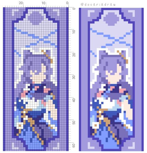 Pixel Art Genshin, Genshin Pixel Art, Minecraft Banner Designs, Pixel Art Templates, Pixel Drawing, Pixel Art Grid, Beaded Bookmarks, Pola Kristik, Anime Pixel Art