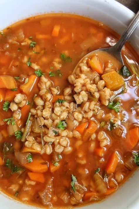 Vegan Barley Soup, Vegetarian Barley Soup, Soup Recipe Vegetarian, Barley Soup Recipe, Vegetable Barley Soup, Mushroom Barley, Barley Recipe, Vegetarian Soup Recipes, Vegan Entree