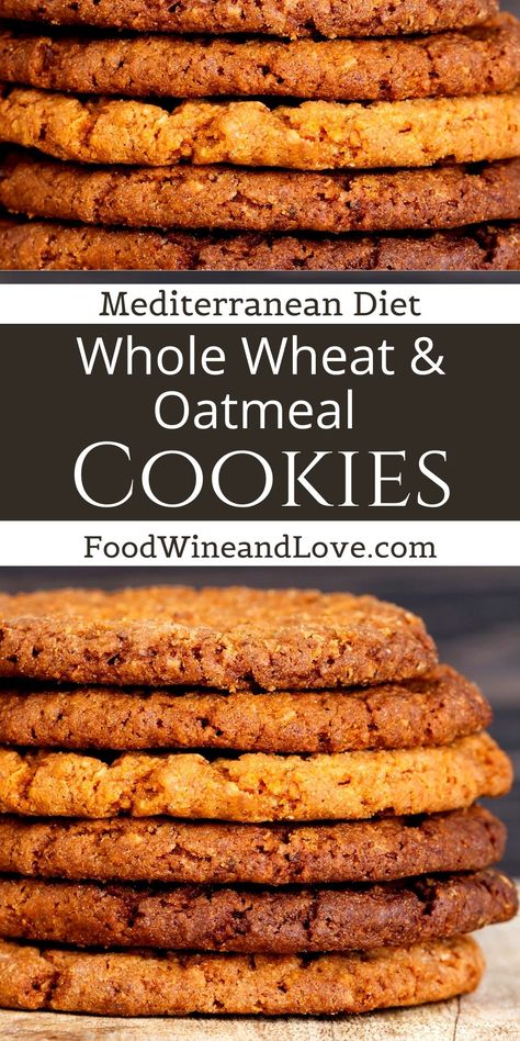 Whole Wheat Oatmeal Cookies, Mediterranean diet friendly cookie dessert recipe that is perfect for holiday baking or snacking on any time! Whole Wheat Mediterranean Bread, Rad Diet Recipes, Mediterranean Diet Recipes Desserts, Mediterranean Diet Crackers, Mediterranean Diet Baking Recipes, Dash Diet Desserts, Mediterranean Diet Oatmeal, Mediterranean Diet Bread, Mediterranean Diet Snacks Ideas