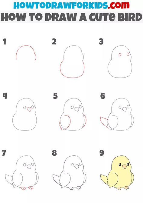 How To Draw A Cartoon Bird, Bird Tutorial Drawing, How To Draw A Bird Step By Step, How To Draw Birds Easy, How To Draw A Bird, Drawing Curriculum, Bird Drawings Easy, Bird Drawing Tutorial, Finish The Drawing Worksheets