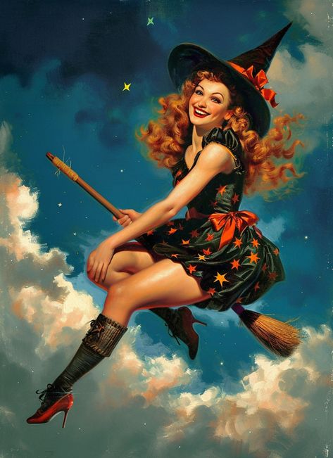 A witchy beauty riding her broom.  Can be printed in different sizes after digital download Halloween Witch Images, Redhead Witch Art, Bewitched Aesthetic, Happy Witches, 70s Witch, Halloween Pinups, Witchy Beauty, Plus Size Witch, Pinup Witch