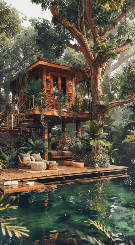 Tropical Hut Design, Beach Hut Architecture, Hut Aesthetic, Bali Treehouse, Thai Houses, Jungle Treehouse, Cottage Village, Boho Bungalow, Land Development