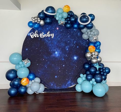 Two The Moon Birthday Backdrop, Space Backdrop Party, Galaxy Balloon Decor, Outer Space Backdrop, Space Birthday Backdrop, Astronaut Baby Shower Cake, Space Baby Shower Ideas For Boys, Nasa Themed Birthday Party, Out Of This World Baby Shower Theme