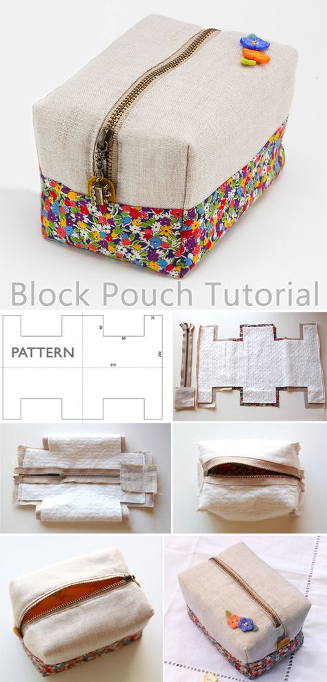 Block Zipper Pouch Tutorial Pochette Diy, Diy Sewing Tutorials, Sac Diy, Free Crochet Bag, Zipper Pouch Tutorial, Pouch Sewing, Folded Fabric Ornaments, Beginners Crochet, Crocheted Items