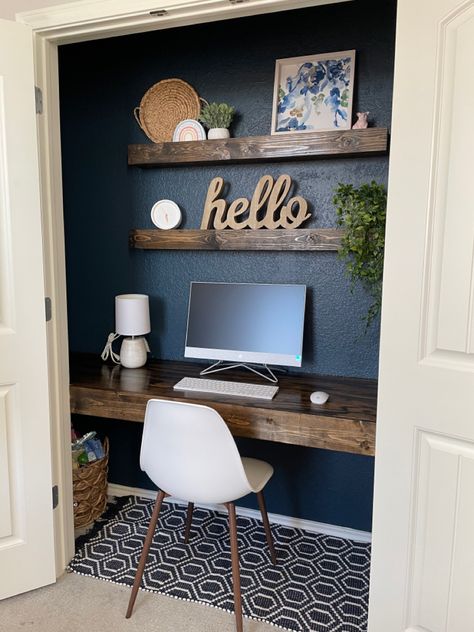 Transform Closet Space Ideas, In Closet Desk Ideas, Desk In A Closet Built Ins, Closet Offices Diy, Computer Nook Ideas, Desk Closet Ideas Built Ins, In Closet Office, Closet Desk With Shelves, Closet Homework Station