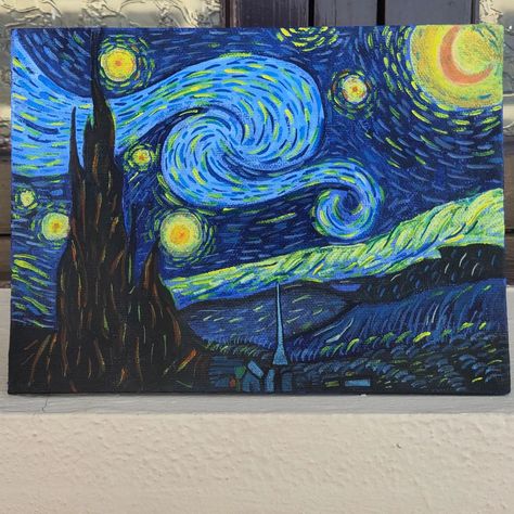 Starry night✨ Really wanted to try out this masterpiece and finally did it... Well there isn't much perfection but still had fun doing this🙂!! . . . #starrynight #vincentvangogh #painting #fyp #aesthetic #art Nature, Starry Night Drawing Easy, Stary Nights Paintings, How To Paint Starry Night, Easy Starry Night Painting, Starry Night Easy, Starry Night Drawing, Masterpieces Painting, Starry Night Painting