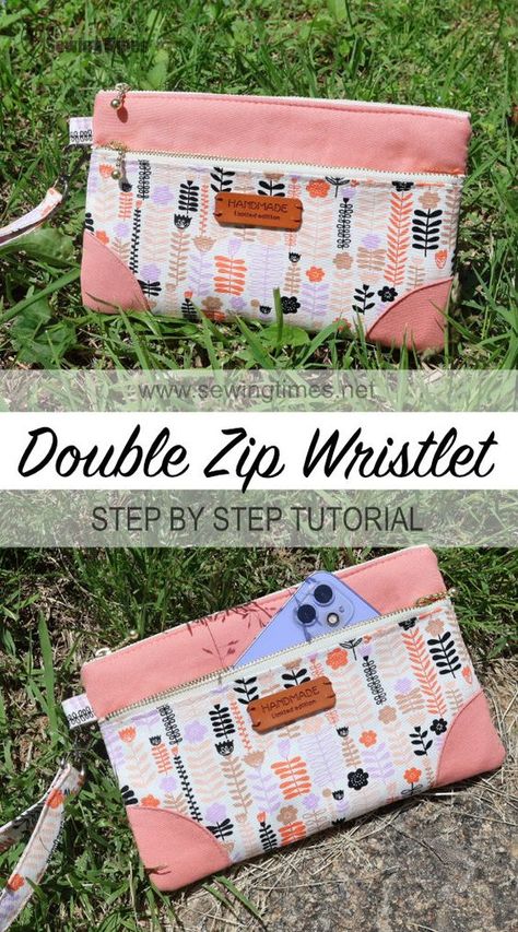 DIY Double Zip Wristlet 🎈Stylish Edges Clutch Bag Tutorial Diy Purse Strap Ideas, Diy Clutch Purse Tutorial Free Pattern, Wristlet Diy, Clutch Bag Tutorial, Wristlet Patterns, Unique Sewing Patterns, Diy Pouch, Wallet Sewing Pattern, Fabric Clutch