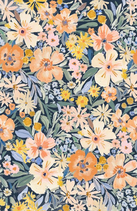 Cheery floral in varying shades of peach, surrounded by  spring full foliage all set on a light navy background. Peach Floral Wallpaper, Fall Flower Background, September Background, Motif Retro, Orange Patterns, Imac Wallpaper, Cute Home Screens, Cute Summer Wallpapers, Apricot Lane