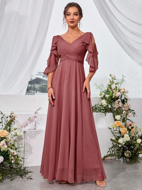 Redwood  Collar Half Sleeve Chiffon Plain A Line Embellished Non-Stretch  Weddings & Events Latest Bridesmaid Dresses, Dusty Pink Dresses, Formal Bridesmaids Dresses, Evening Dresses With Sleeves, Maxi Bridesmaid Dresses, Chiffon Floral, Mob Dresses, Maxi Robes, Vestidos Prom