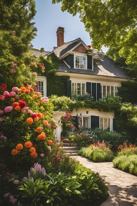 Beautiful front garden landscape with colorful hydrangeas, garden yard ideas, cottage-style side yard landscaping, stone pathway, and lush perennial garden Side Of House Landscaping Ideas, Cottage Curb Appeal, Side Of House Landscaping, House Landscaping Ideas, Curb Appeal Landscaping, Yard Garden Design, Gravel Pathway, Clumping Bamboo, Flagstone Walkway