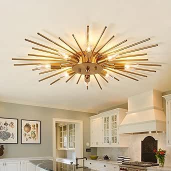 Semi Flush Mount Chandelier, Gold Light Fixture, Art Deco Aesthetic, Metal Ceiling Lighting, Flush Mount Chandelier, Farmhouse Light Fixtures, Gold Starburst, Ceiling Light Design, Light Fixtures Flush Mount