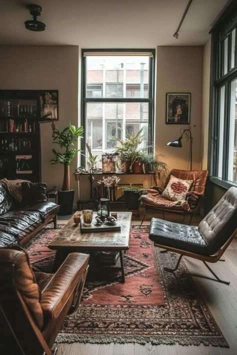 Infuse Charm with Vintage Living Room Inspirations 🛋️✨ Transform your living room with vintage decor that exudes timeless charm. From antique furniture to classic color schemes, create a cozy and elegant space. 🌿🕰️ #VintageLivingRoom #HomeDecor #ClassicDesign #InteriorInspo Leather Couch Aesthetic Dark, Antique Themed Living Room, Vintage Bachelor Pad, Cozy Dark Wood Living Room, Antique Industrial Living Room, Vintage House Living Room, Masculine Vintage Living Room, Grandpa Chic Interior Design, Retro Vintage Living Room